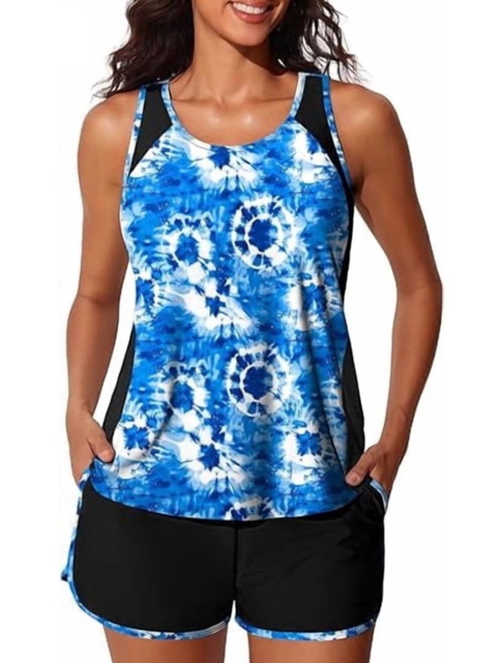 NWT ~ Women's 2pc Blue & White Athletic Tankini Swimsuit & Swim Shorts ~ Plus 16